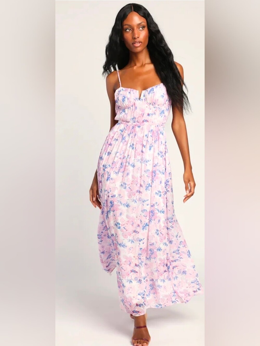 Lulus Total Darling Pink Multi Floral Print Notched Bustier Maxi Dress XL‎ NWT